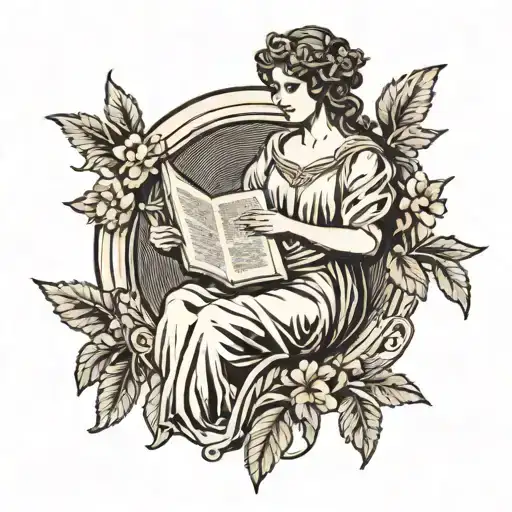 Greek goddess holding open book framed by laurel wreath tattoo design idea