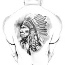 A black-grey tattoo depicting a powerful Native American chief surrounded by nature and political symbols tattoo design idea
