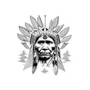 A black-grey tattoo depicting a powerful Native American chief surrounded by nature and political symbols tattoo design idea