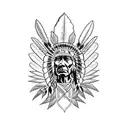 A black-grey tattoo depicting a powerful Native American chief surrounded by nature and political symbols tattoo design idea