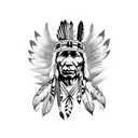 A black-grey tattoo depicting a powerful Native American chief surrounded by nature and political symbols tattoo design idea