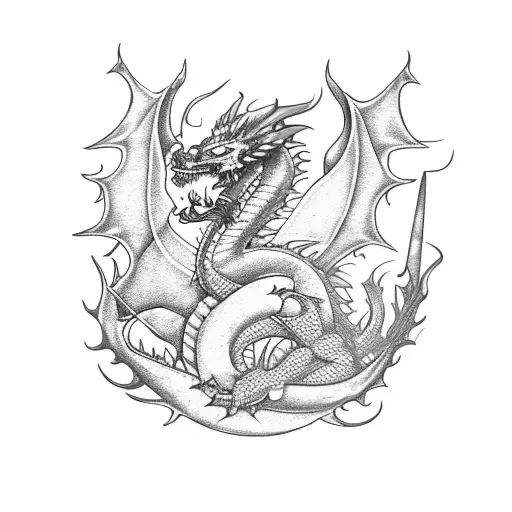 A Mexican-inspired dragon breathing fire and surrounded by various sports equipment tattoo design idea