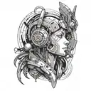 A tattoo of a technology-themed anime character merging with futuristic machinery in space tattoo design idea