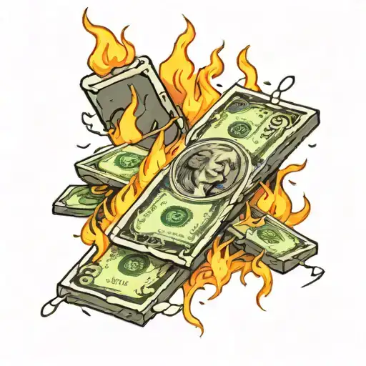 burning money with brick wall being torn tattoo design idea