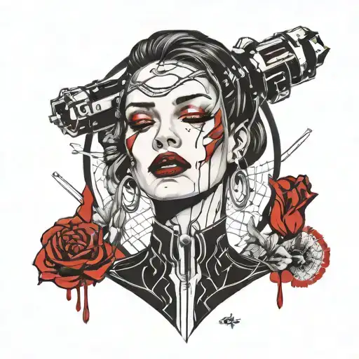 cyberpunk girl closed eyes tears falling red lipstick tattoo design idea