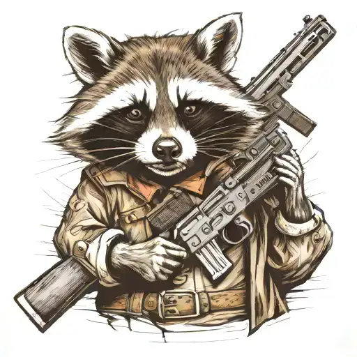 a  tattoo sketch of a raccoon holding a gun, depicted in full body. The design should not be overly detailed. tattoo design idea