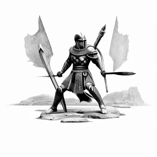 front facing full body spartan pulling excalibur from stone tattoo design idea