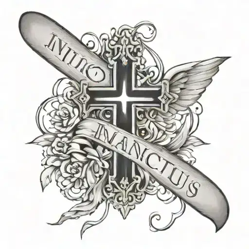 a cross with the smaller horizontal line saying 'invictus maneo' feminine tattoo design idea