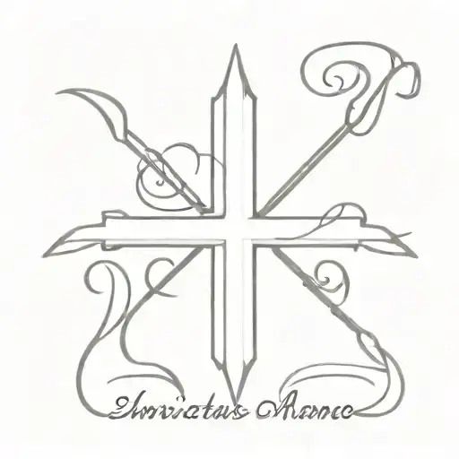 a cross with the horizontal part saying 'invictus maneo' small dainty and feminine tattoo design idea