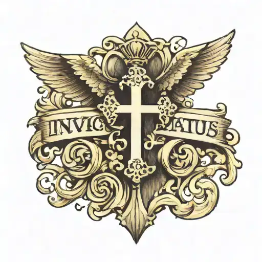 a cross with the horizontal part saying 'invictus maneo' small dainty and feminine tattoo design idea