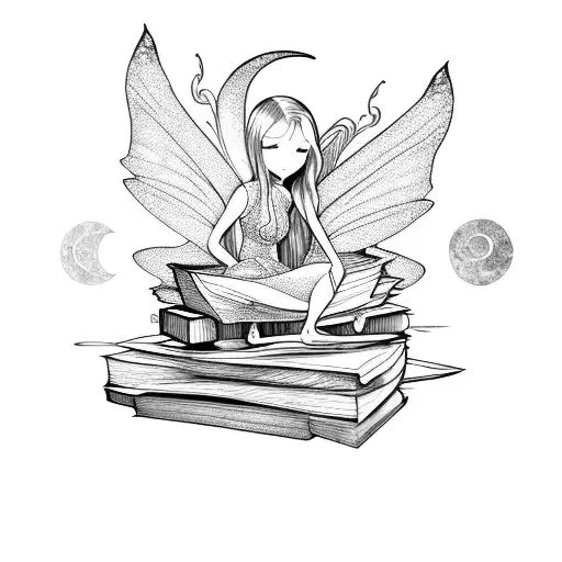 A mystical fairy sitting on a stack of books, surrounded by swirling magical symbols and a crescent moon tattoo design idea