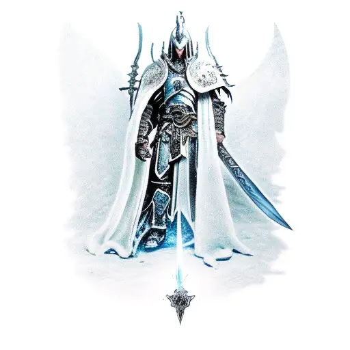 Back tattoo, frostmourne sword in the middle, prince arthas portrait he left side and lich king in armor on the left tattoo design idea