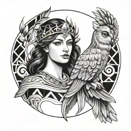 A modern interpretation of Greek goddess Athena holding an owl, surrounded by intricate geometric patterns tattoo design idea