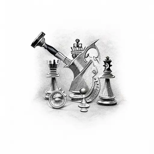 chess pieces, hammer, needle and thread, gun, spyglass, magnifying glass, large scissors tattoo design idea