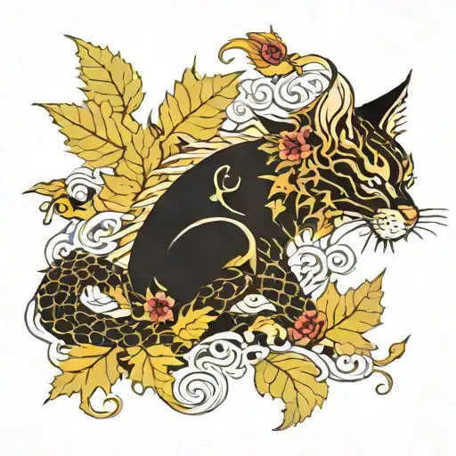 cat dragon with leafs and birds tattoo design idea