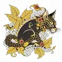 cat dragon with leafs and birds tattoo design idea