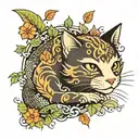 cat dragon with leafs and birds tattoo design idea