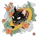 cat dragon with leafs and birds tattoo design idea