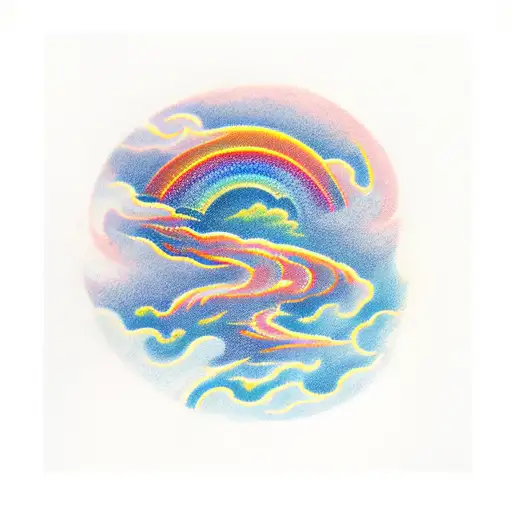 hurricane and a rainbow over top with fire works above that  tattoo design idea