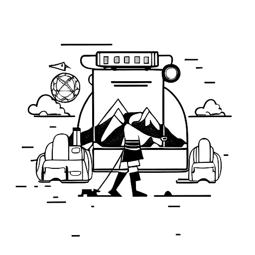 A minimalist silhouette of a traveler with a backpack and camera, walking towards a horizon filled with different landmarks tattoo design idea