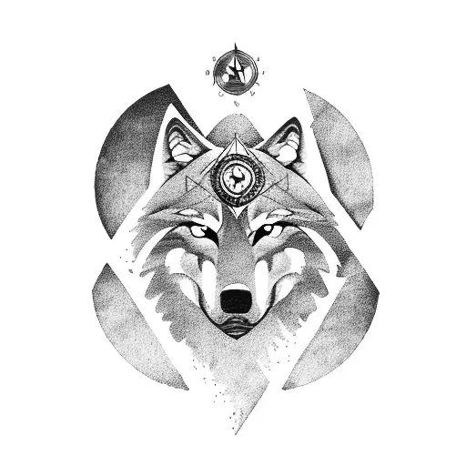 wolf with mountains and compass tattoo design idea
