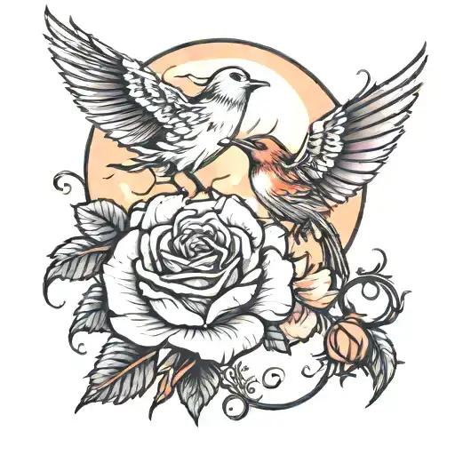 moon rose and bird tattoo design idea