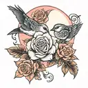 moon rose and bird tattoo design idea