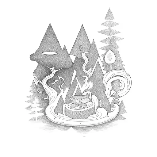 A mystical forest with floating books and glowing runes tattoo design idea
