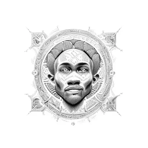 A detailed portrait of Dieu Maahes with intricate patterns and symbols of puissance, creating a unique and powerful tattoo design tattoo design idea