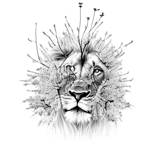 A lion standing proudly in a field of wildflowers, symbolizing the strength and beauty of nature, with a touch of Dieu Maahes' regal presence tattoo design idea