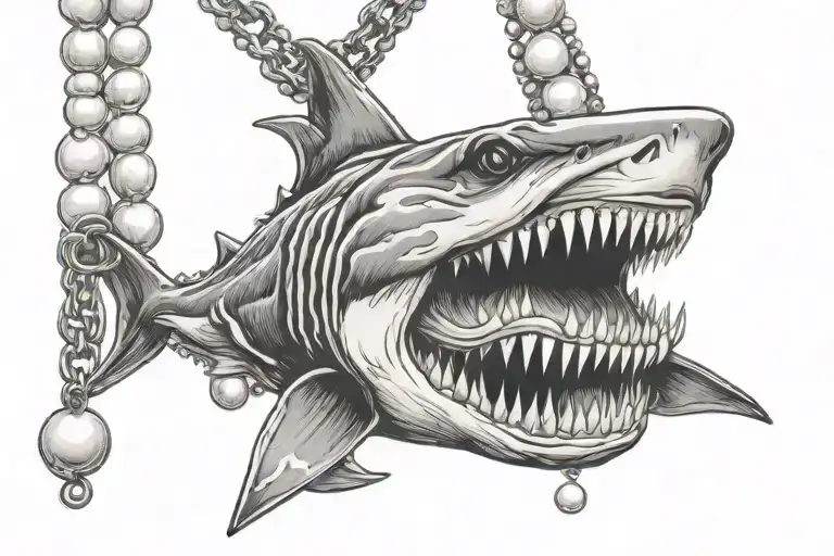 Shark mouth wide open pearl necklace wrapped tattoo design idea