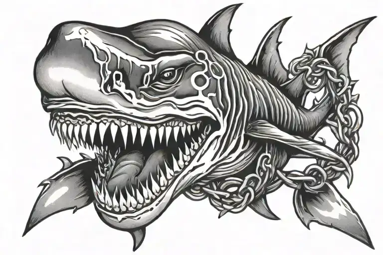 Shark jaws wide open pearl necklace wrapped tattoo design idea