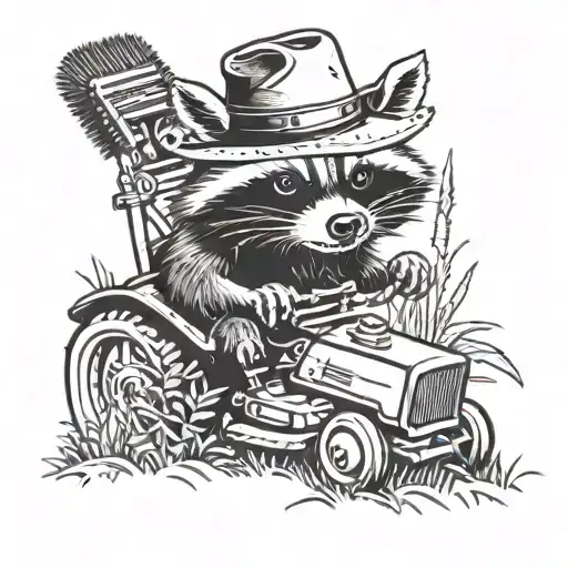 racoon pushing a lawnmower in a cowboy hat tattoo design idea