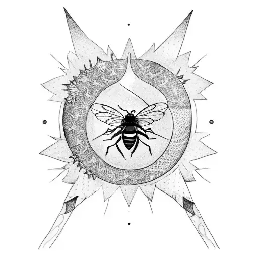 Blackwork arm sleeve with a crescent moon on the hand next to a honey bee and a tree above with birds and a sun tattoo design idea