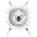 Blackwork arm sleeve with a crescent moon on the hand next to a honey bee and a tree above with birds and a sun tattoo design idea