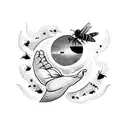 Blackwork arm sleeve with a crescent moon on the hand next to a honey bee and a tree above with birds and a sun tattoo design idea