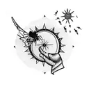 Blackwork arm sleeve with a crescent moon on the hand next to a honey bee and a tree above with birds and a sun tattoo design idea