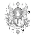 Blackwork arm sleeve with a crescent moon on the hand next to a honey bee and a tree above with birds and a sun tattoo design idea