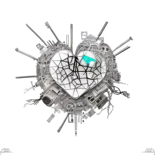 A surreal tattoo of a broken heart made up of shattered computer parts and wires, symbolizing the emotions of a hacker tattoo design idea