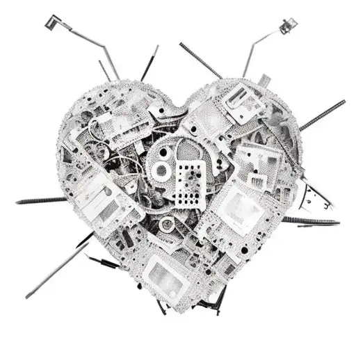 A surreal tattoo of a broken heart made up of shattered computer parts and wires, symbolizing the emotions of a hacker tattoo design idea