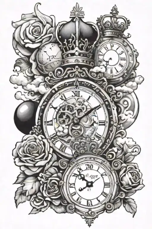 clouds in the background black and white with a diamond, planets, a crown and a clock tattoo design idea