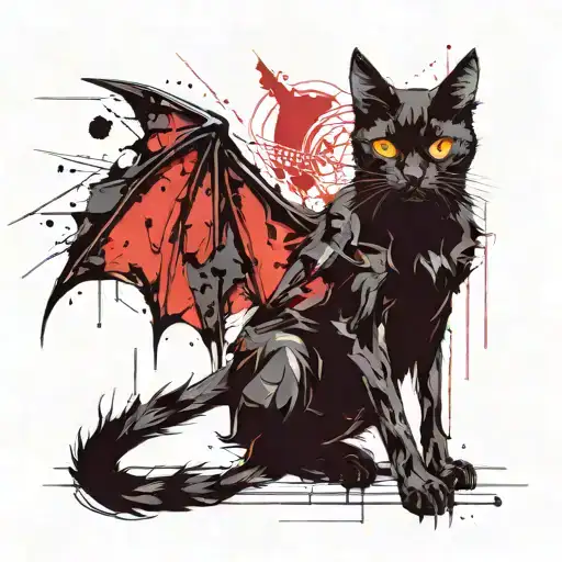 black cat with bat wings and fangs tattoo design idea