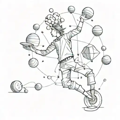 A whimsical illustration of a person juggling various abstract objects, symbolizing the balancing act of the mind tattoo design idea