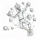 A whimsical illustration of a person juggling various abstract objects, symbolizing the balancing act of the mind tattoo design idea