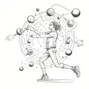 A whimsical illustration of a person juggling various abstract objects, symbolizing the balancing act of the mind tattoo design idea