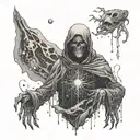 A hauntingly beautiful image of a figure lost in a sea of melancholy, surrounded by ghostly apparitions tattoo design idea