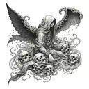 A hauntingly beautiful image of a figure lost in a sea of melancholy, surrounded by ghostly apparitions tattoo design idea