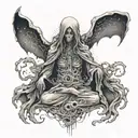 A hauntingly beautiful image of a figure lost in a sea of melancholy, surrounded by ghostly apparitions tattoo design idea