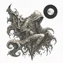 A hauntingly beautiful image of a figure lost in a sea of melancholy, surrounded by ghostly apparitions tattoo design idea