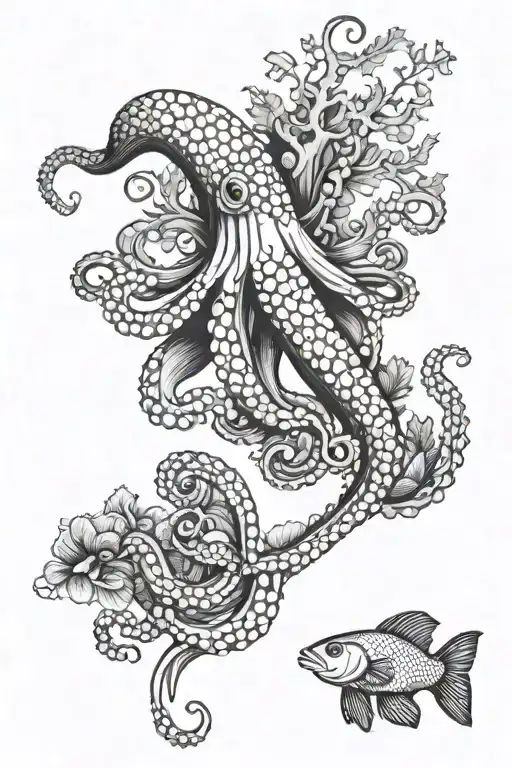 octopus and pike with kale an small fish swarm tattoo design idea